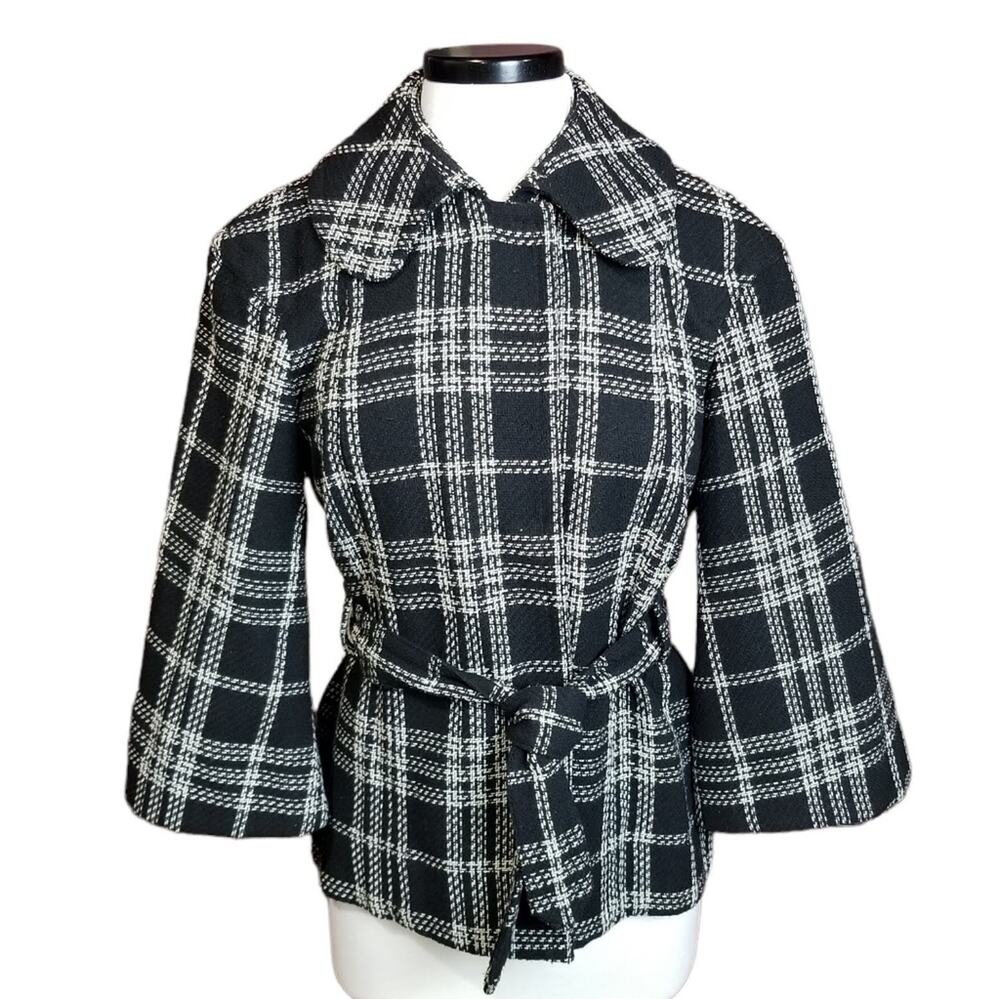 Focus 2000 Wool Jacket Womens 6 Blend Plaid Belted Black